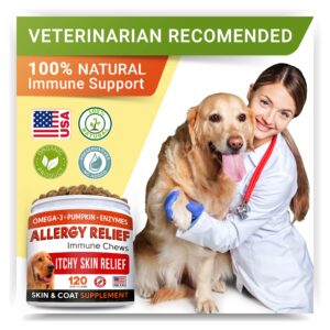 Dog Probiotics Treats + Allergy Relief - Digestive Enzymes + Prebiotics - Chewable Fiber Supplement, Itchy Skin Treatment with Omega 3 & Pumpkin, Dogs Itching and Licking Treats