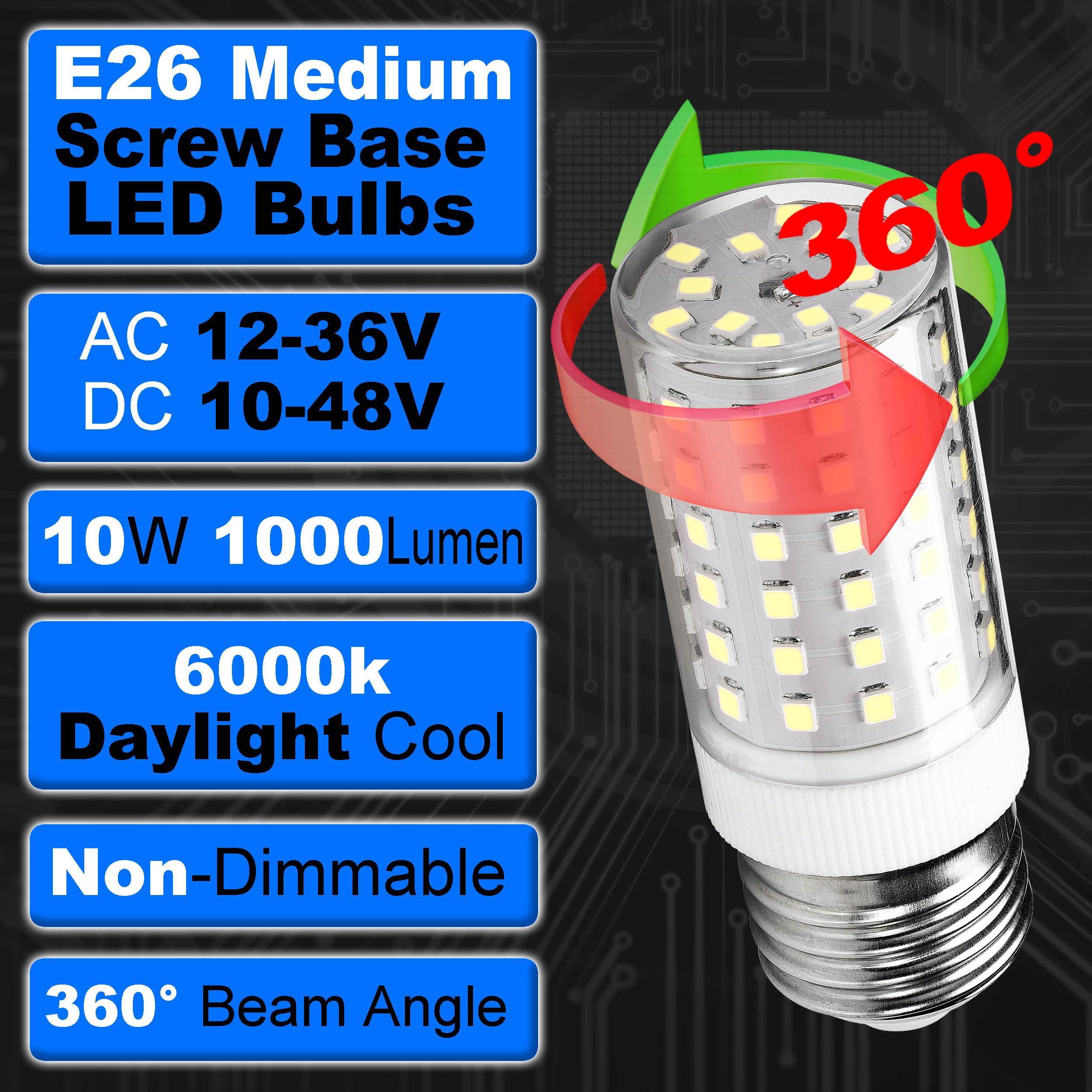 Hylroe 12 Volt 24V Low Voltage E26 Medium Screw Base LED Bulbs 6000K Daylight White 10W Equivalent 100 Watt Bulb AC12-36V/DC10-48V for RV Camper Landscape Off Grid Solar Lighting,1000lm,3 Pack