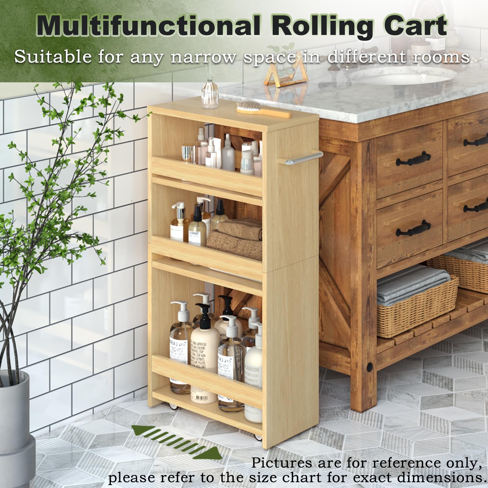 MARTY Rolling Storage Cart 7.9" W, 4-Tier Kitchen Cart with Wheels Handle, Slim Storage Cart Mobile Shelving Utility Carts for Bathroom Laundry Room Organization Narrow Places (Maple)