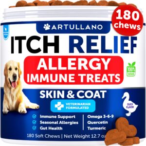 artullano dog allergy relief chews - dog itching skin relief treatment pills - itchy and paw licking - anti-itch support - immune skin & coat supplement - dry skin and hot spots - 180 treats