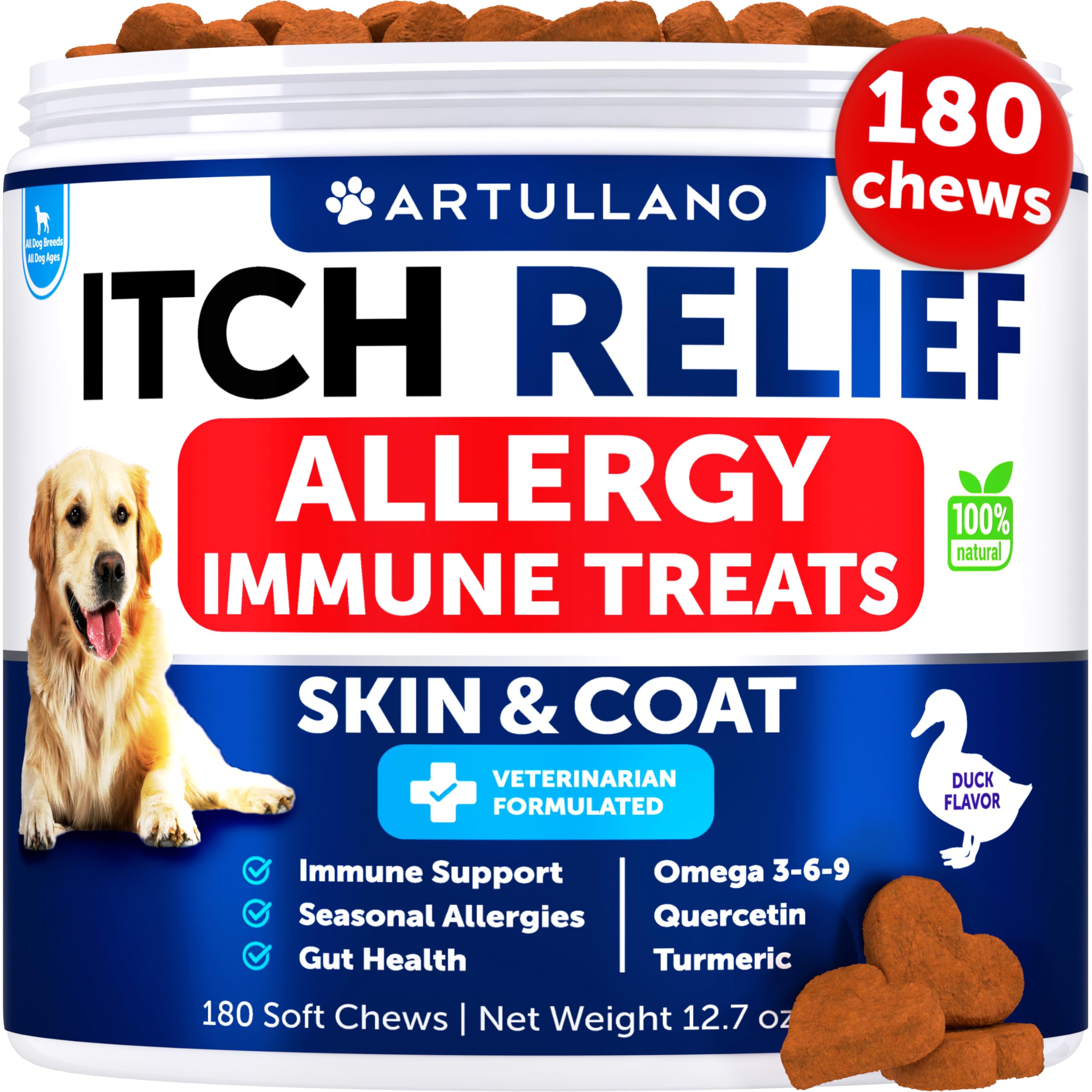 Artullano Dog Allergy Relief Chews - Dog Itching Skin Relief Treatment Pills - Itchy and Paw Licking - Anti-Itch Support - Immune Skin & Coat Supplement - Dry Skin and Hot Spots - 180 Treats