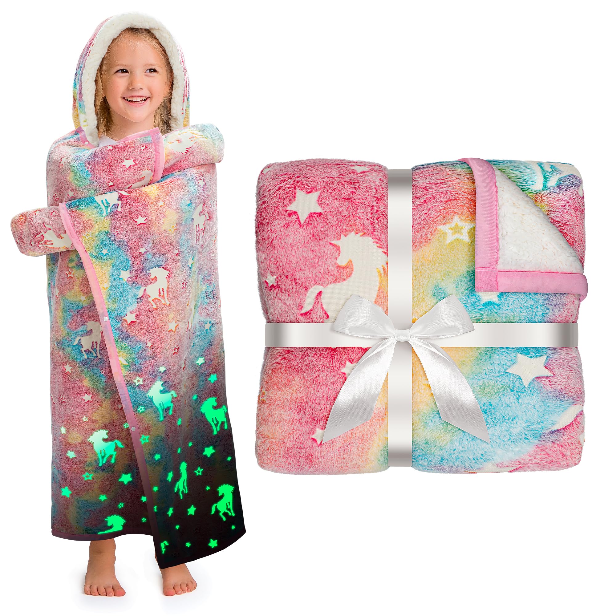 Unicorn Glow in The Dark Wearable Blanket for Girls- Soft Warm 52"X60" Sherpa Fleece Unicorn Gifts for Girls Age 8-10, 6-8, 4-6, Hooded Throw Blanket Gift for Kids