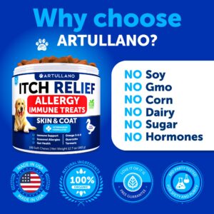 Artullano Dog Allergy Relief Chews - Dog Itching Skin Relief Treatment Pills - Itchy and Paw Licking - Anti-Itch Support - Immune Skin & Coat Supplement - Dry Skin and Hot Spots - 180 Treats