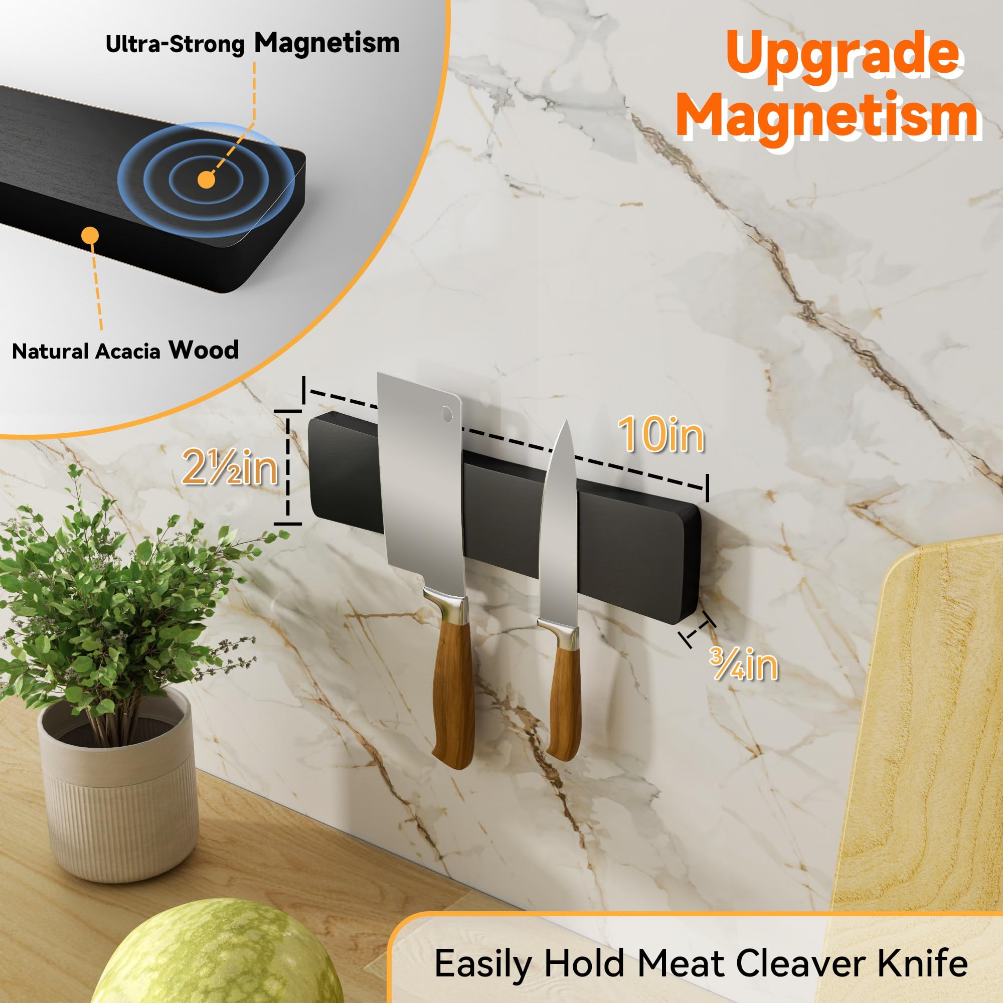 Magnetic Knife Holder for Wall, 10" Acacia Wood Knife Magnetic Strip Powerful Magnet Knife Holder Strip No Drill Use as Tool Key Storage Knife Bar, Knife Rack for Kitchen Utensil Organizer Black