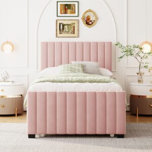 CITYLIGHT Upholstered Twin Bed with Trundle Bed Under,Velvet Twin Size Platform Bed with Headboard,Wood Twin Trundle Bed for Kids Girls Boys,No Box Spring Needed,Pink