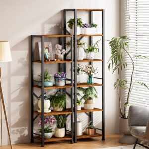 Furologee 6 Tier Tall Bookshelf, Industrial Narrow Bookcase, Display Standing Shelf Units, Metal and Wood Storage Rack Organizer for Living Room, Home Office, Entryway, Kitchen, Rustic Brown