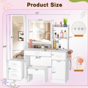 Greenvelly Makeup Vanity Desk with Lights and 2 Mirror, White Vanity Table with 3 Lighting Modes and Stool Set, Dressing Table with Drawers, Vanity Desk for Women and Girls' Bedroom…