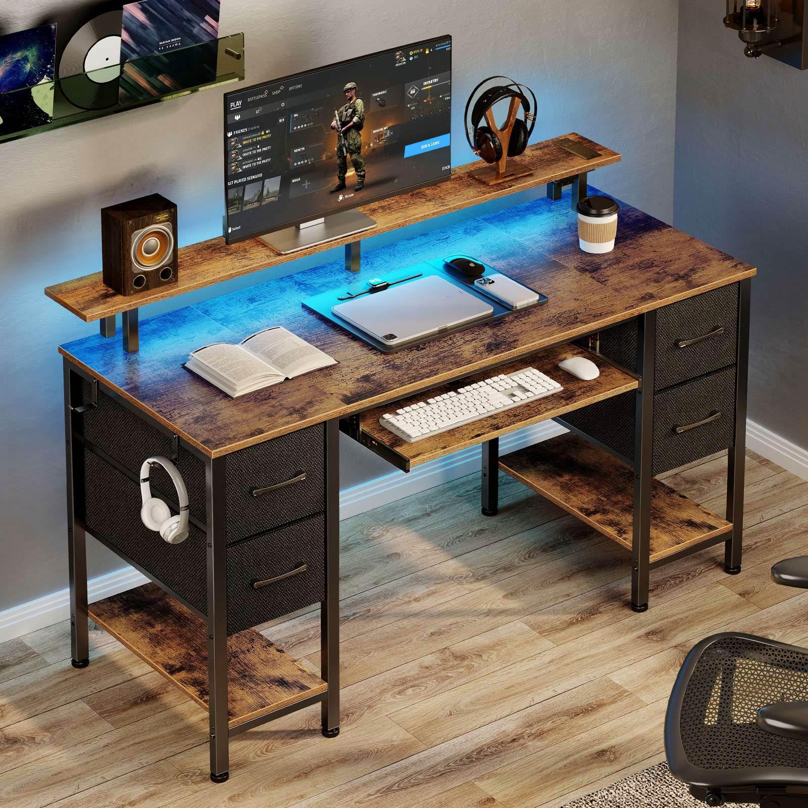 Seventable Computer Desk 47.2" with LED Lights & Power Outlets, Home Office Desk with 4 Drawers, Writing Desk with Keyboard Tray, Study Desk with Monitor Stand, Work Desk for Home Office, Rustic Brown