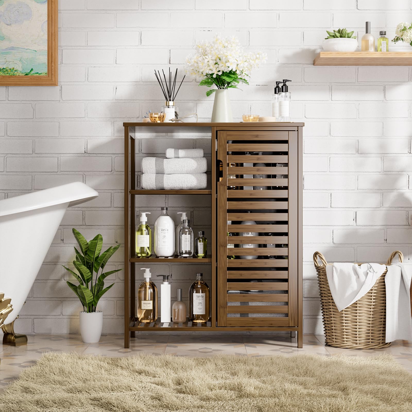 HITNET Bathroom Storage Cabinet Bamboo, Free Standing Floor Cabinet, Kitchen Cupboard Side Storage Organizer with Shutter Door and 3 Side Shelves, Walnut