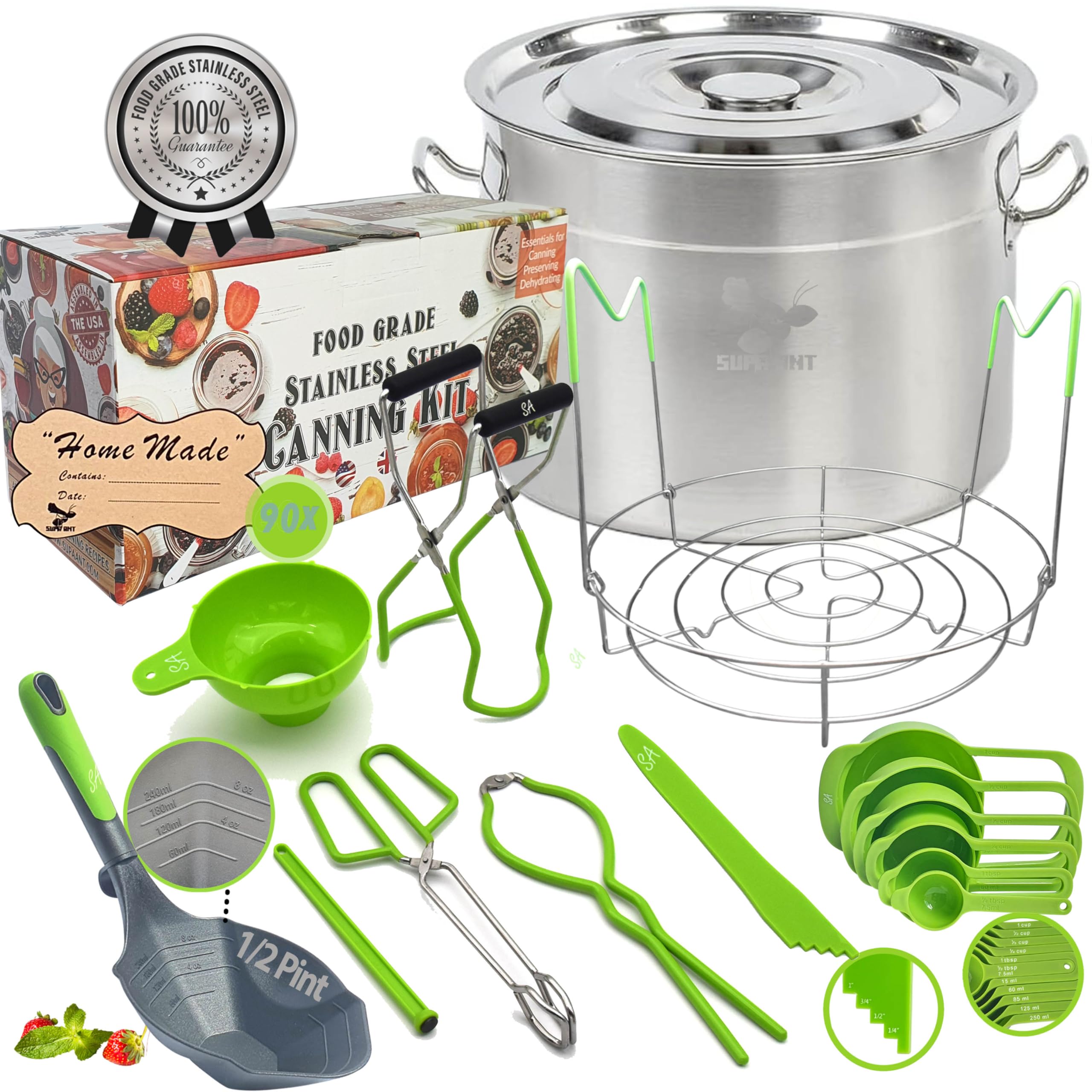 Canning kit + Canning Rack + X-Large Ladle +Measuring Cups, Canning Funnel, Tongs, Jar Lifter, Lid Lifter, Bubble Popper, 90x Labels - Canning Supplies - Canning Supplies Starter Kit (Large +)