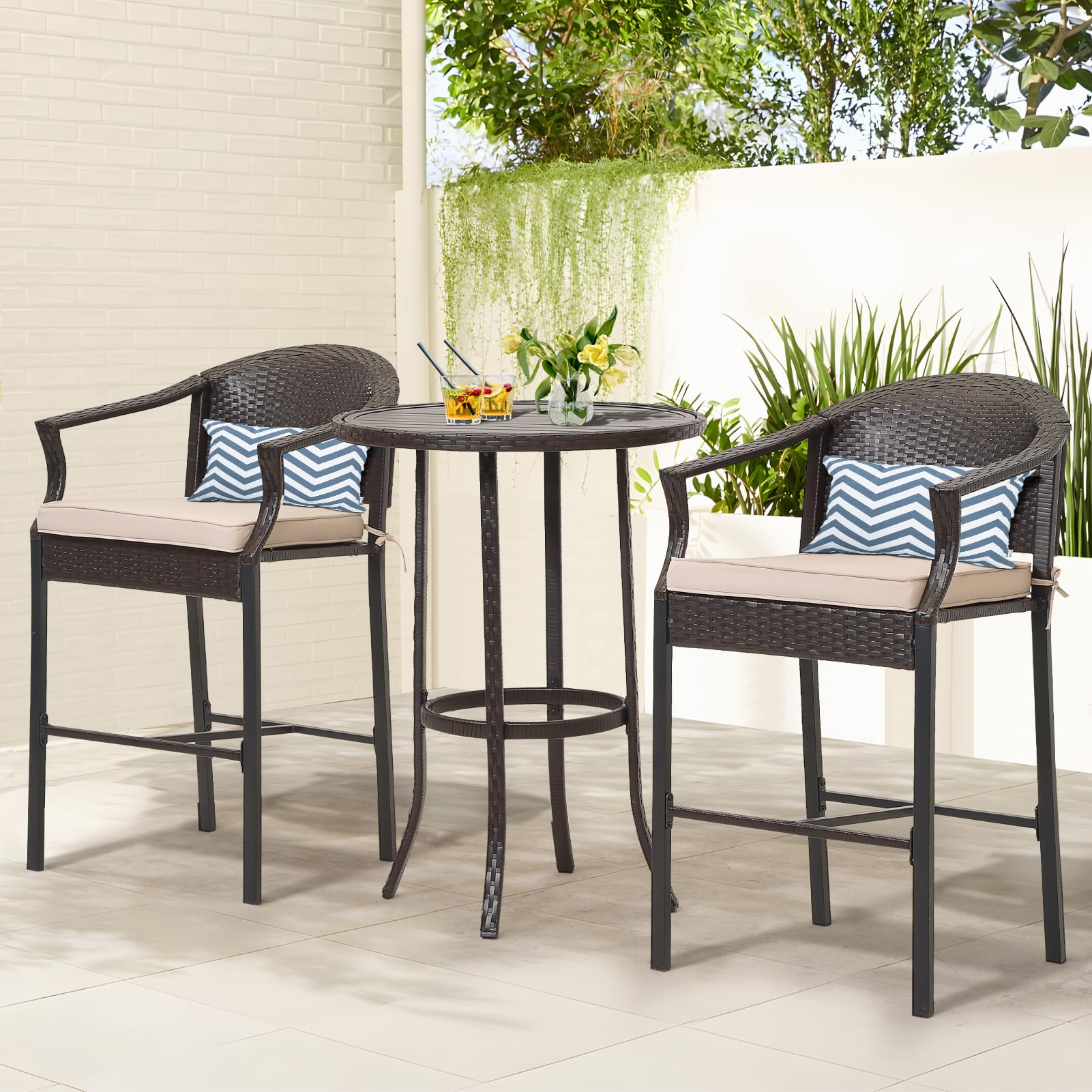 FHFO 3 Piece Outdoor Patio Heigh Bar Table and Chairs Set, Wicker Bar Height Bistro Table Set of 2, All-Weather Rattan Height Bar Stools w/Cushions & Metal Table Top for Porch, Garden, Balcony-Beige