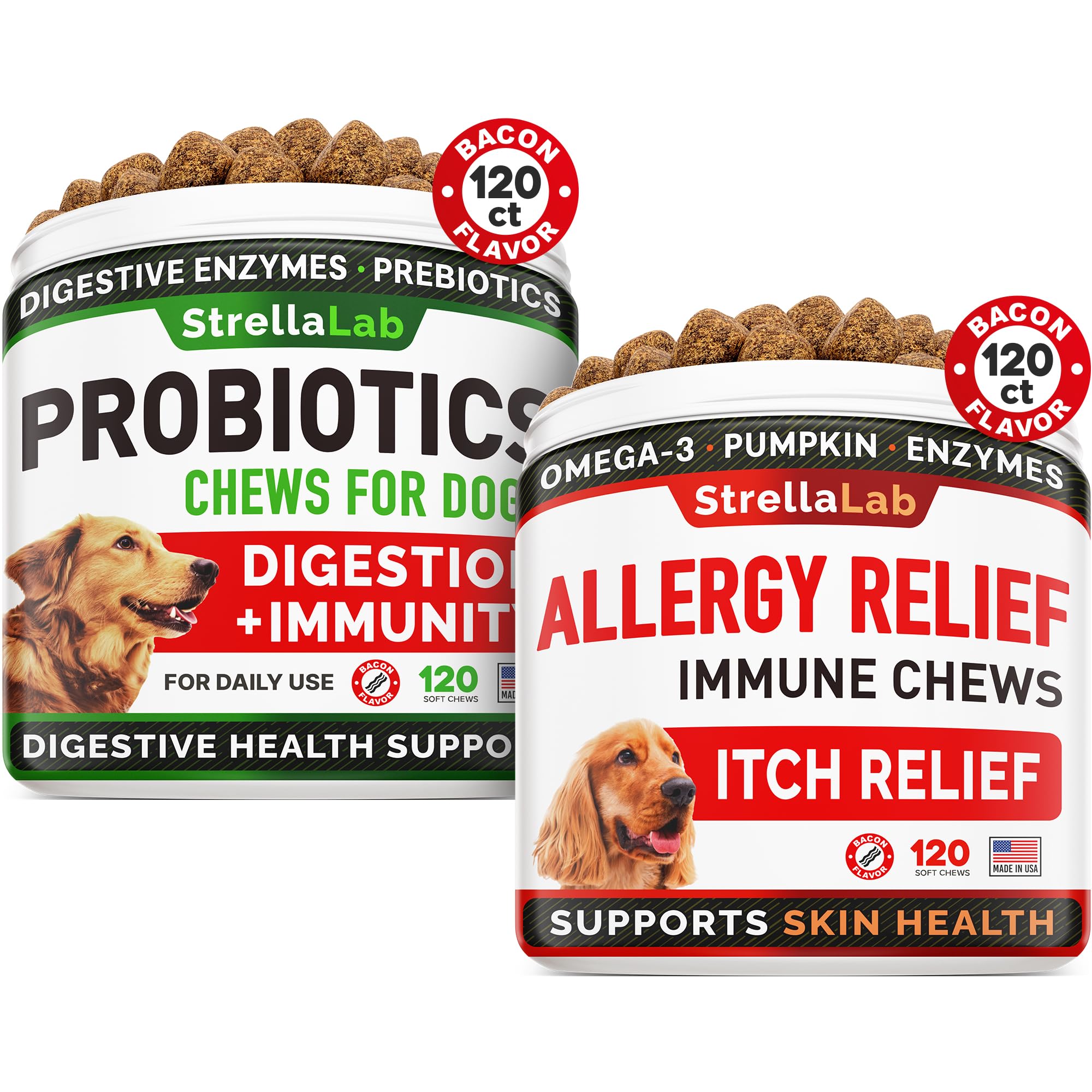 Dog Probiotics Treats + Allergy Relief - Digestive Enzymes + Prebiotics - Chewable Fiber Supplement, Itchy Skin Treatment with Omega 3 & Pumpkin, Dogs Itching and Licking Treats