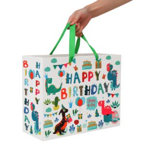 13" Large White Gift Bag Set with Greeting Card and Tissue Paper (Green Dinosaur Design and Happy Birthday) for Boys, Girls, Kids Party, Baby Showers