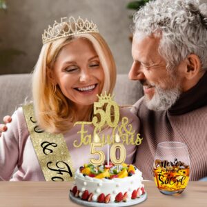 Juesly 50th Birthday Gifts for Women with 15oz Wine Glass, 50th Birthday Crown, Sash, Cake Topper and Candles, 50 Year Old Birthday Decorations 50th Birthday Gifts Idea