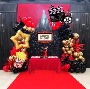 movie night themed balloon garland arch set 119pcs red black gold with mylar camera stars popcorn movie clapperboard balloons for birthday movie theme 2025 graduation party decorations