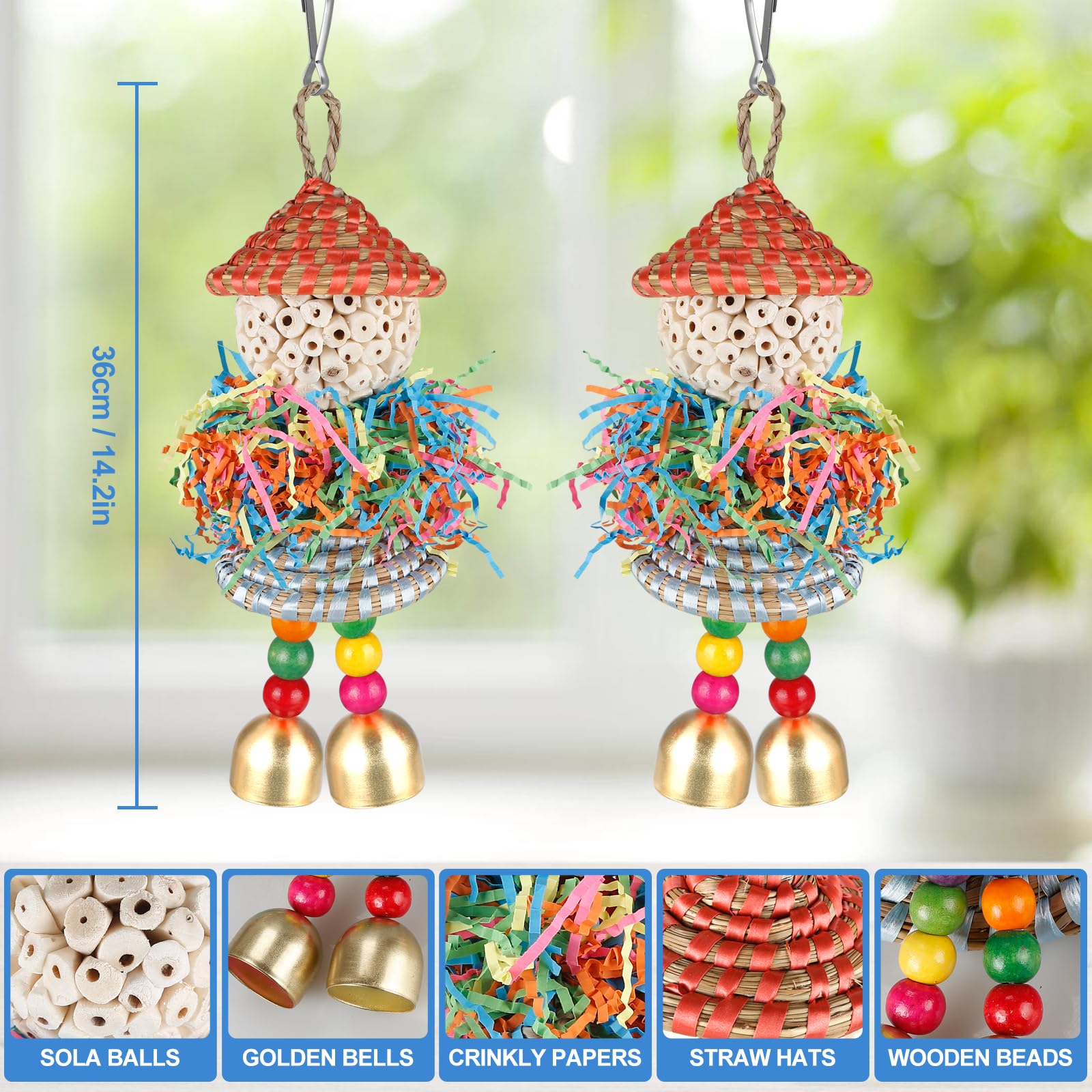 BBjinronjy Conure Toys,2PCS Bird Toys Parrot Foraging Shredder Hanging Toys Sola Balls with Bell for Small Parrots Parakeets Cockatiel Conures Love Birds Budgie Cage Toy