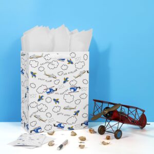 13" Large White Gift Bag Set with Greeting Card and Tissue Papers (Helicopter and Plane Design) or Boys’, Girls', or Kids' Party, Baby Showers, Boy