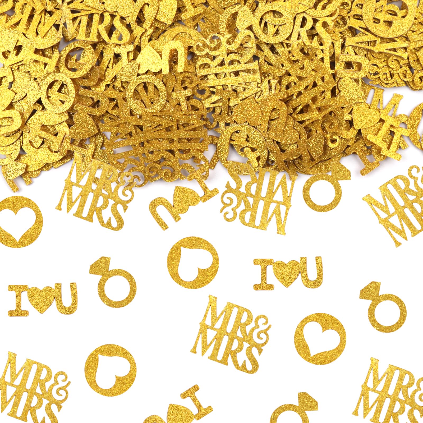 ABTOLS 200pcs Gold Wedding Table Confetti, Glitter Paper Heart Diamond Ring Confetti for Bridal Shower Decoration I Love U Mr and Mrs Confetti or Valentines Day Engagement Party Table Scatter