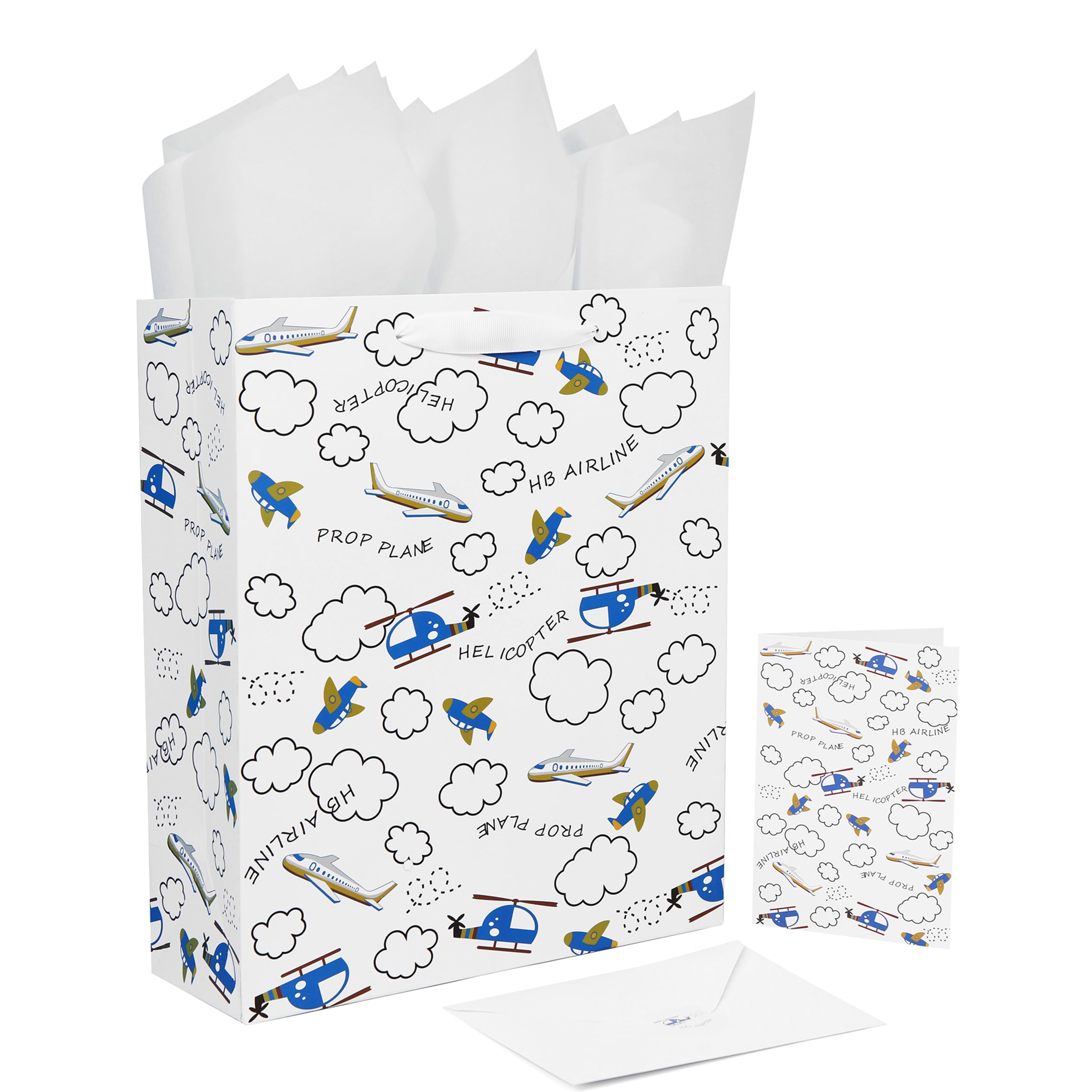 13" Large White Gift Bag Set with Greeting Card and Tissue Papers (Helicopter and Plane Design) or Boys’, Girls', or Kids' Party, Baby Showers, Boy