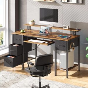 Seventable Computer Desk 47.2" with LED Lights & Power Outlets, Home Office Desk with 4 Drawers, Writing Desk with Keyboard Tray, Study Desk with Monitor Stand, Work Desk for Home Office, Rustic Brown