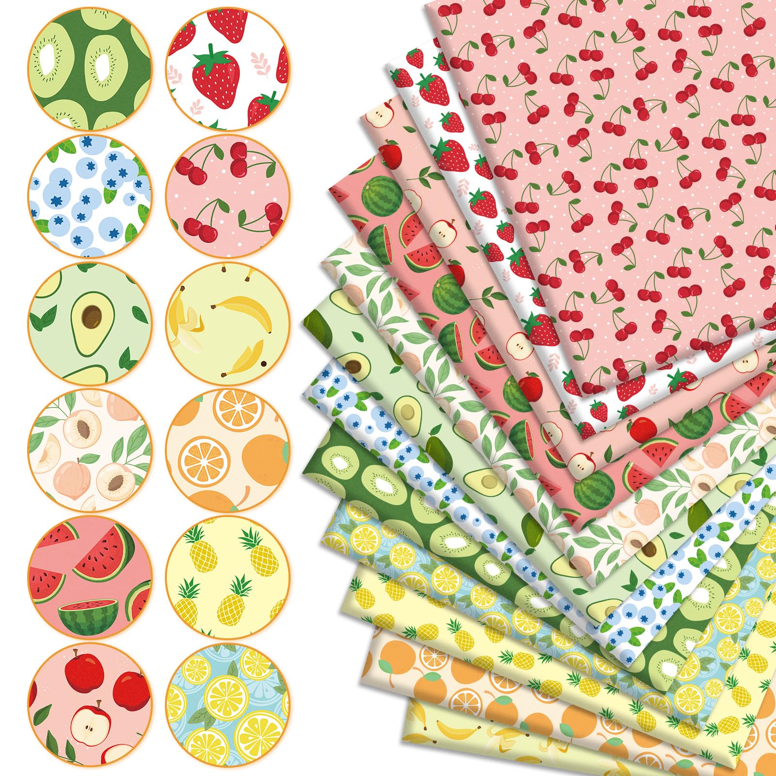 JarThenaAMCS 12Pcs Fruit Cotton Fabric Bundles Colorful Fruit Theme Fat Quarter Summer Quilting Patchwork for DIY Handmade Sewing Crafting, 18 x 22 Inch