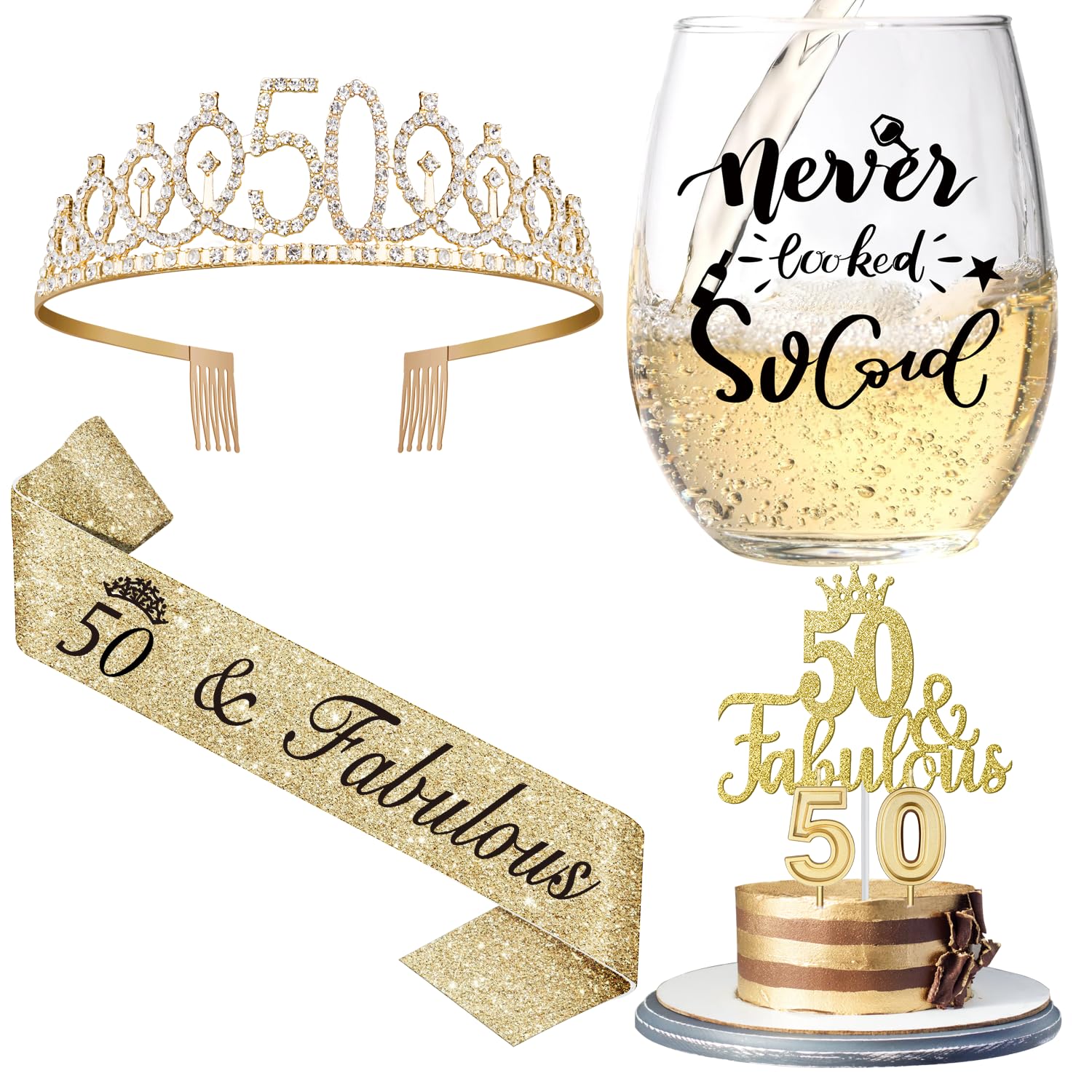 Juesly 50th Birthday Gifts for Women with 15oz Wine Glass, 50th Birthday Crown, Sash, Cake Topper and Candles, 50 Year Old Birthday Decorations 50th Birthday Gifts Idea