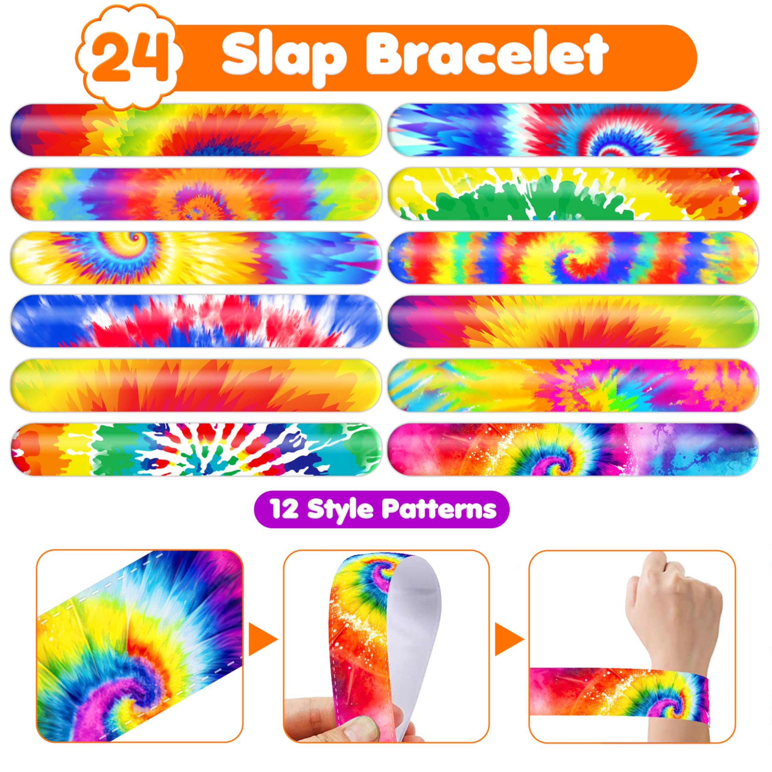 48PCS Tie Dye Party Favors 24PCS Tattoos 24PCS Slap Bracelets Wristbands Themed Birthdays Party Supplies Decorations Decor Tie Dye Baby Shower Pattern Girls Boys Gifts Classroom Prize Reward