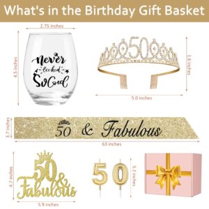 Juesly 50th Birthday Gifts for Women with 15oz Wine Glass, 50th Birthday Crown, Sash, Cake Topper and Candles, 50 Year Old Birthday Decorations 50th Birthday Gifts Idea