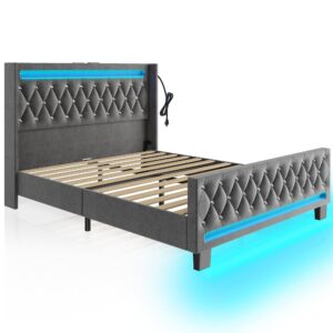 Rolanstar Queen Bed Frame with LED Light and Charging Station, Upholstered High Headboard and Footboard, Wood Slats, Noise Free, Easy Assembly, Grey