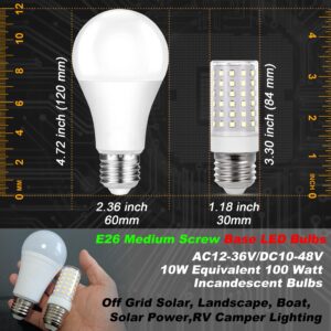 Hylroe 12 Volt 24V Low Voltage E26 Medium Screw Base LED Bulbs 6000K Daylight White 10W Equivalent 100 Watt Bulb AC12-36V/DC10-48V for RV Camper Landscape Off Grid Solar Lighting,1000lm,3 Pack