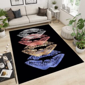 Colored Lips Lip Prints Area Rugs, Black Background Red Blue Fashion Creative Non-Slip Mat, Carpet Mat Soft and Comfortable Bright Color Apply to Bedroom Living Room Farmhouse,4×6ft/120 * 180cm