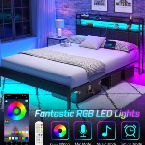 CollaredEagle Full Size Bed Frame with Headboard, Metal Bed Frame with Charging Station and LED Lights, Heavy Duty Bed with Storage Shelves,Noise Free(Black)