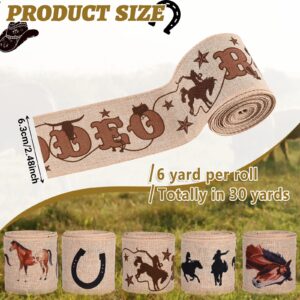 5Rolls Wild Horse Wired Ribbon Horse Head Equid Horseshoe Print Burlap Ribbon for Gift Wrapping Wreath Making for Farmhouse Birthday Horse Racing Party Craft Supplies (Brown)