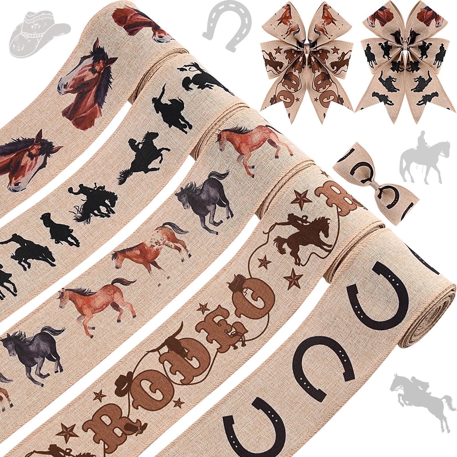 5Rolls Wild Horse Wired Ribbon Horse Head Equid Horseshoe Print Burlap Ribbon for Gift Wrapping Wreath Making for Farmhouse Birthday Horse Racing Party Craft Supplies (Brown)