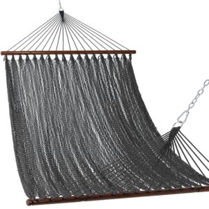 lazy daze hammocks 10.5 ft double 2 person caribbean rope hammock, hand woven polyester hammock with spreader bars, extra large outside outdoor backyard patio poolside hammock, 450 lbs capacity, gray