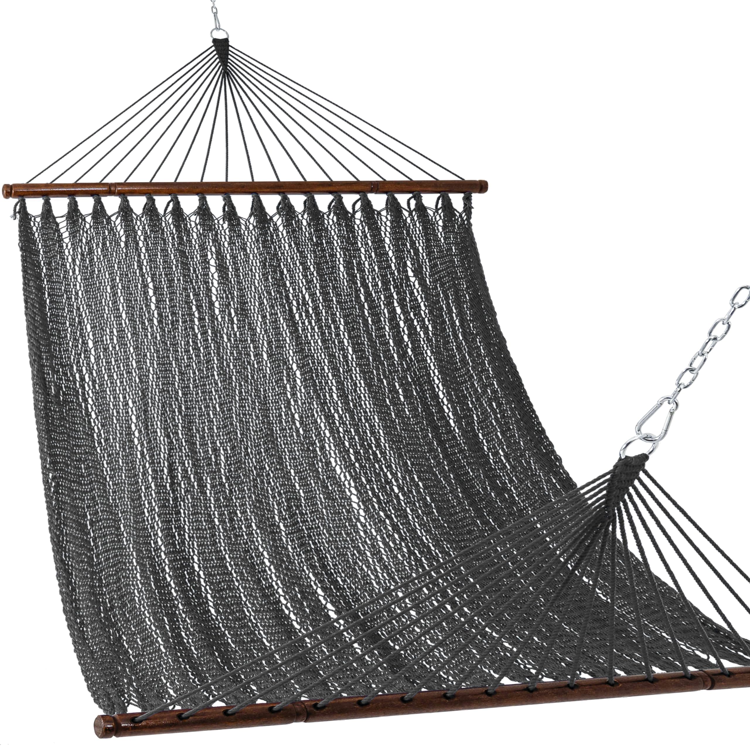 Lazy Daze Hammocks 10.5 FT Double 2 Person Caribbean Rope Hammock, Hand Woven Polyester Hammock with Spreader Bars, Extra Large Outside Outdoor Backyard Patio Poolside Hammock, 450 LBS Capacity, Gray