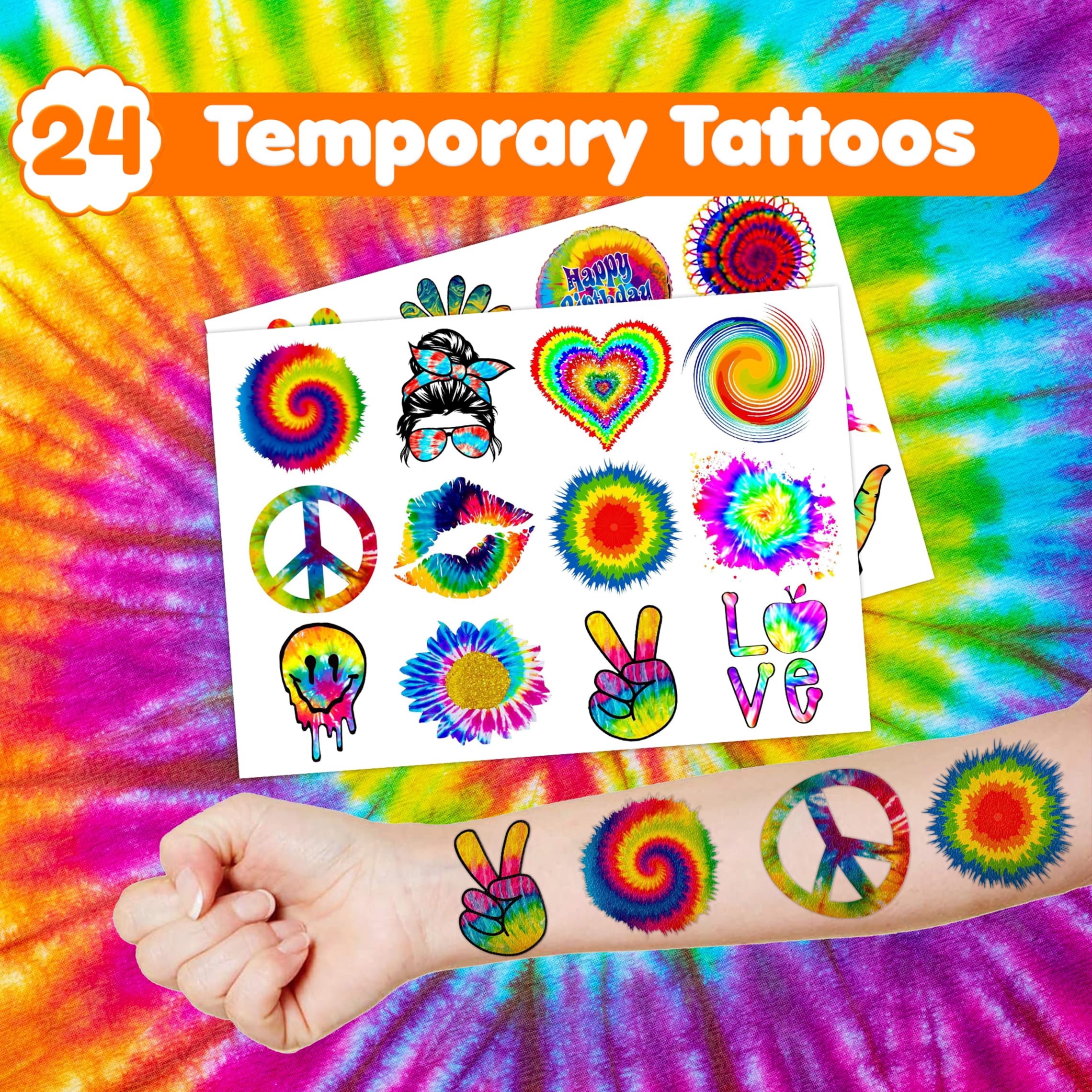 48PCS Tie Dye Party Favors 24PCS Tattoos 24PCS Slap Bracelets Wristbands Themed Birthdays Party Supplies Decorations Decor Tie Dye Baby Shower Pattern Girls Boys Gifts Classroom Prize Reward