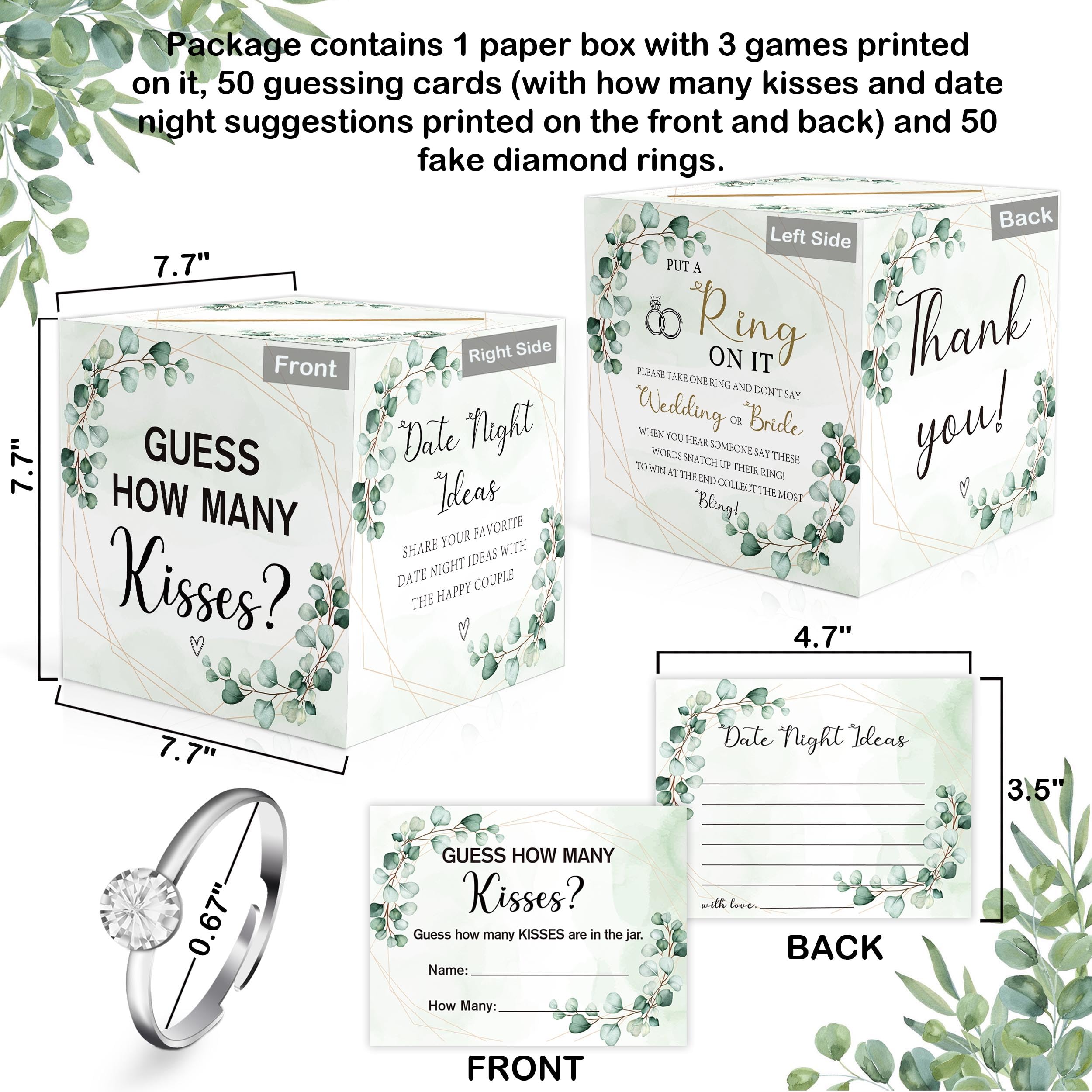 Bridal Shower Games-3 Wedding Games:Put a Ring On It Games,Guess How Many Kisses,Date Night Ideas.Eucalyptus Bridal Shower Decor,Wedding Shower Games,Engagement Party Games,Bachelorette Party Games,1