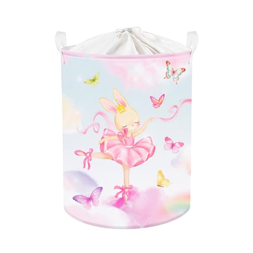 Clastyle 45L Fantasy Rabbit Ballet Dancer Collapsible Laundry Basket Pink Cloud Dancing Butterfly Dirty Clothes Hamper Round Toy Girls Storage Basket with Lid, 14.2x17.7 in