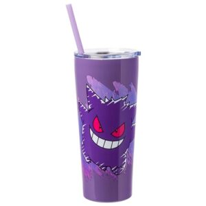 silver buffalo pokemon gengar double-walled stainless steel purple tumbler with lid and reusable straw, 22 ounces