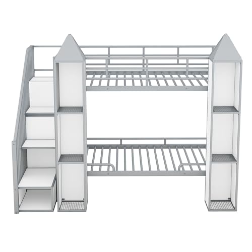 BOVZA Castle Shaped Bunk Bed with Wardrobe and Multiple Storage, Twin Over Twin Metal Bunk Bed Frame with Storage Staircase and Guardrails for Kids Boys Girls Teens, Gray+White