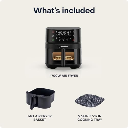 Nutricook Air Fryer 3 Vision, 6qt Large Airfryer, 12 Preset Functions, Air Fry, Roast, Bake, Dehydrate, Reheat and More, Quiet, Non-Stick, Easy to Clean, Black