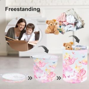 Clastyle 45L Fantasy Rabbit Ballet Dancer Collapsible Laundry Basket Pink Cloud Dancing Butterfly Dirty Clothes Hamper Round Toy Girls Storage Basket with Lid, 14.2x17.7 in