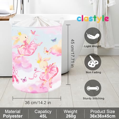 Clastyle 45L Fantasy Rabbit Ballet Dancer Collapsible Laundry Basket Pink Cloud Dancing Butterfly Dirty Clothes Hamper Round Toy Girls Storage Basket with Lid, 14.2x17.7 in