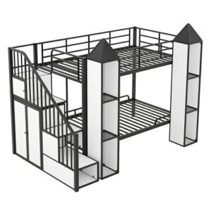 BOVZA Castle Shaped Bunk Bed with Wardrobe and Multiple Storage, Twin Over Twin Metal Bunk Bed Frame with Storage Staircase and Guardrails for Kids Boys Girls Teens, Black+White