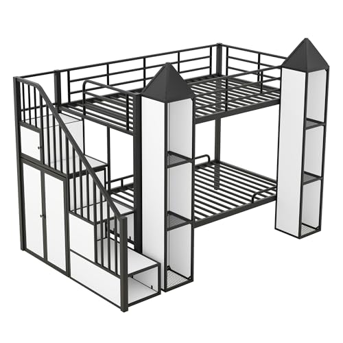 BOVZA Castle Shaped Bunk Bed with Wardrobe and Multiple Storage, Twin Over Twin Metal Bunk Bed Frame with Storage Staircase and Guardrails for Kids Boys Girls Teens, Black+White