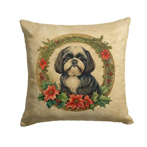 Caroline's Treasures DAC2432PW1818 Shih Tzu Christmas Flowers Throw Pillow Machine Washable, Indoor Outdoor Decorative Pillow for Couch, Bed or Patio, 18Hx18W