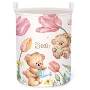 clastyle large pink tulip bear baby gift basket kid clothes toy book nursery storage bin girl bedroom butterfly flower laundry hamper, 14x17.7 in