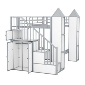 BOVZA Castle Shaped Bunk Bed with Wardrobe and Multiple Storage, Twin Over Twin Metal Bunk Bed Frame with Storage Staircase and Guardrails for Kids Boys Girls Teens, Gray+White