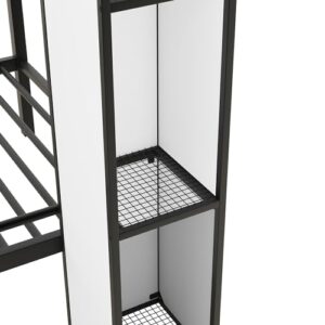 BOVZA Castle Shaped Bunk Bed with Wardrobe and Multiple Storage, Twin Over Twin Metal Bunk Bed Frame with Storage Staircase and Guardrails for Kids Boys Girls Teens, Black+White